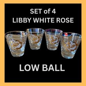 Set of 4 Mid-century Libby White Rose Low Ball Glasses.